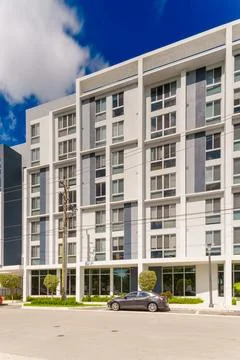 Section of a building with rectangle and square shape designs. Shot with a .. Stock Photos