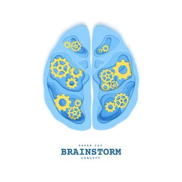 Section of the human brain with gear in papercut style. Blue cardboard cutting Stock Illustration
