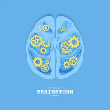 Section of the human brain with gear in papercut style. Blue cardboard cutting Stock Illustration