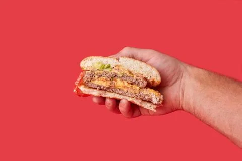 In the section of a large Burger with vegetables and cutlets in hand. Stock Photos