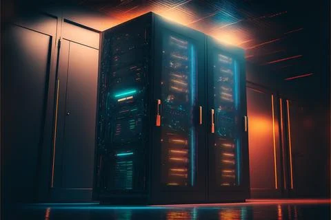 Section of rack equipment in room with big data cyber internet content. Neon Stock Illustration