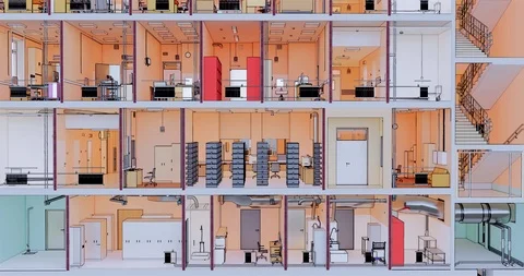 Section view of interior room space of building without facade wall 库存影片 117631457