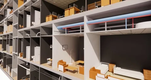 Section view of the interior room space of building without a front facade wall 库存影片 129257882