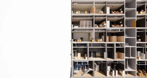 Section view of the interior room space of building without a front facade wall Stock Footage 129297268