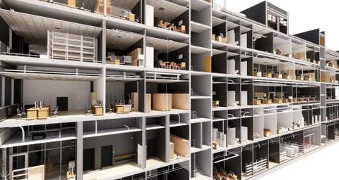 Section view of the interior room space of building without a front facade wa Ilustración de archivo