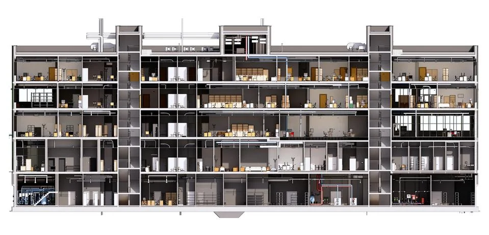 Section view of the interior room space of building without a front facade wa Ilustración de archivo