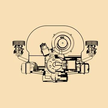 Sectional Drawing of an Aircooled Boxer Engine. Stock Illustration