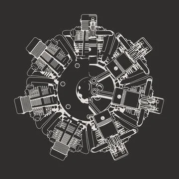 Sectional Drawing of an Airplane Radial Engine. 스톡 일러스트