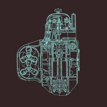 Sectional Drawing of an Vintafe Two-stroke Diesel Engine with a Blower. Stock Illustration