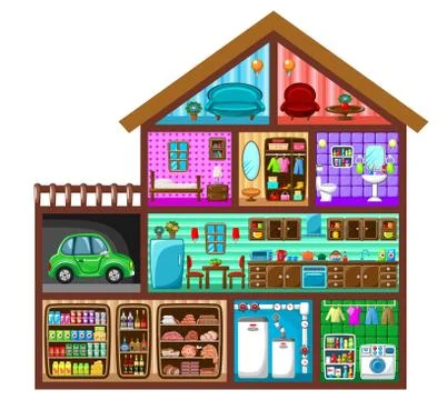 Sectional image of a house with interior elements Stock Illustration