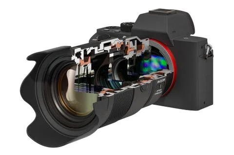 Sectional of mirrorless digital camera with zoom lens, 3D rendering Ilustração Stock