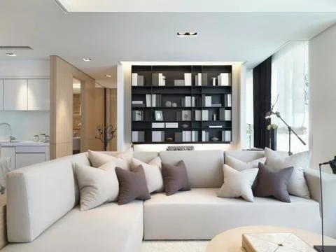 Sectional sofa with throw pillows in modern living room Stock Photos