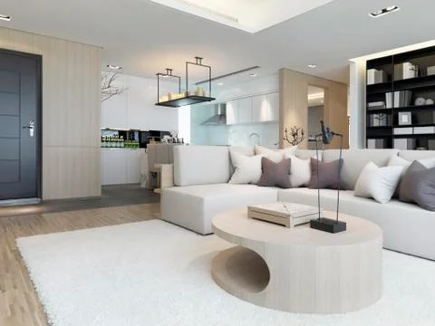 Sectional sofa with throw pillows in modern living room Stock Photos