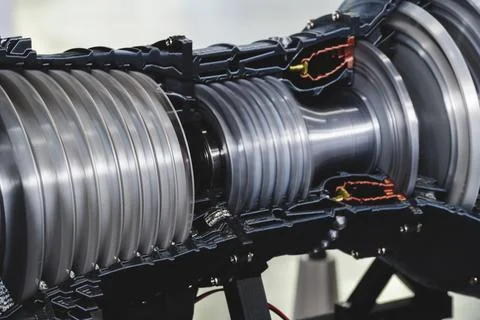 Sectional view of turbine engine rotating on stand Stock Photos