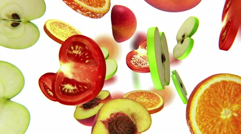 Sections of fruits fall from the top on white background, seamless loop, CG Stock Footage 64997007