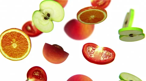 Sections of fruits falling on white background, alpha matte, CG Stock Footage 65001613