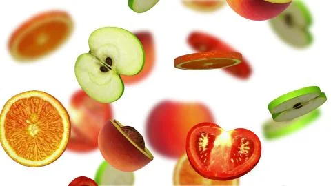 Sections of fruits falling on white background, 3d illustration Stock Illustration