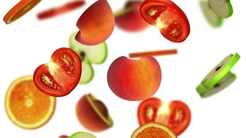 Sections of fruits falling on white background, 3d illustration Stock Illustration