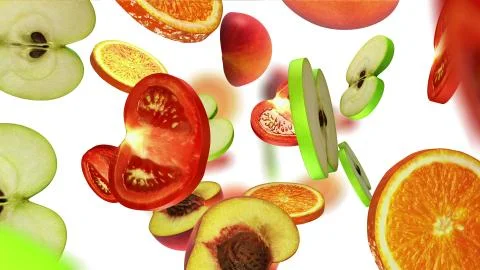 Sections of fruits falling on white background, 3d illustration Stock Illustration