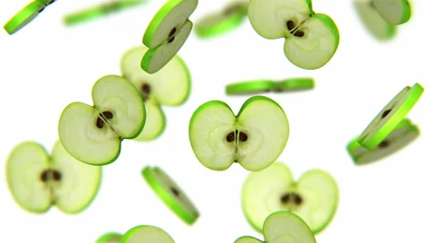 Sections of green apple falling on white background, alpha matte, CG Stock Footage 65001771