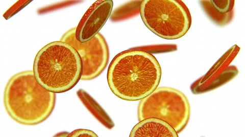 Sections of orange falling on white background, alpha matte, CG Stock Footage 65001762