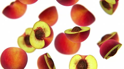 Sections of peach falling on white background, alpha matte, CG Stock Footage 65001889