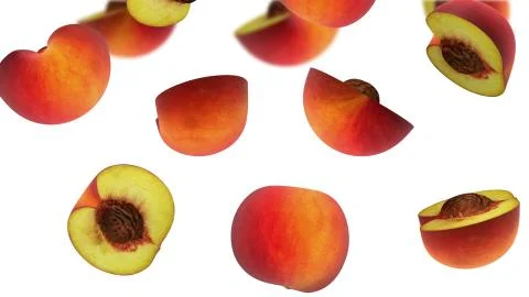 Sections of peach falling on white background, 3d illustration Stock Illustration