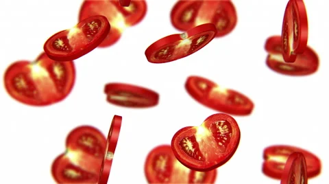 Sections of tomato falling on white background, alpha matte, CG Stock Footage 65001881
