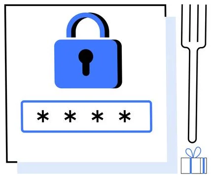 Secure Access Concept with Padlock, Password Field, Fork, and Gift Icons Stock Illustration