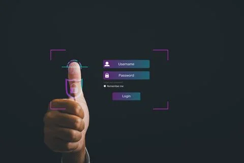 Secure access with a thumbs up and virtual fingerprint scan Stock Photos