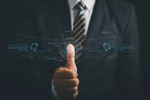 Secure access with a thumbs up and virtual fingerprint scan Stock Photos