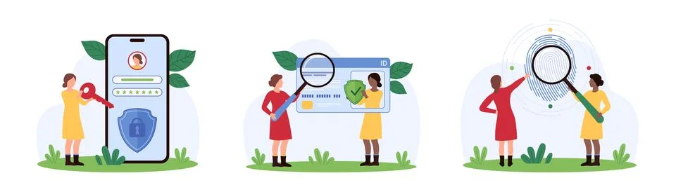 Secure access verification, authorization set, tiny people research ID card Illustrazione stock