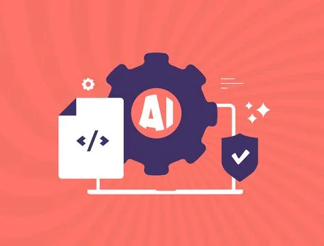 Secure AI development - code document with AI gear and verification shield Stock Illustration