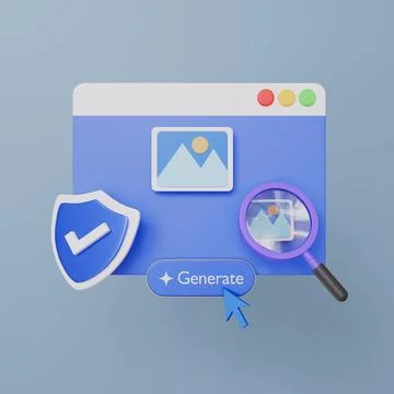 Secure AI image generator with shield check, generate button and cursor Иллюстрация