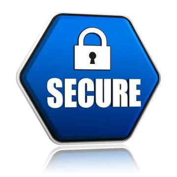 Secure and padlock sign on blue hexagon banner Stock Illustration