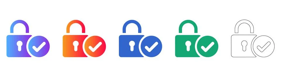 Secure Authentication System Icon Set with Checkmark and Lock Stock Illustration