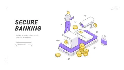 Secure Banking banner template. An isometric vector illustration showing fina Stock Illustration