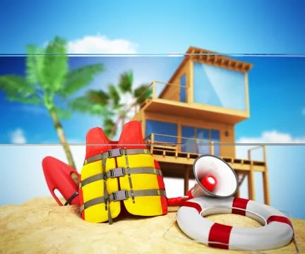 Secure beach concept Life jacket life ring and a horn and other objects on th Illustrazione stock