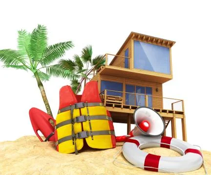 Secure beach concept Life jacket life ring and a horn and other objects on th Illustrazione stock