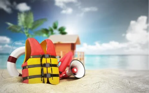 Secure beach concept Life jacket life ring and a horn and other objects on th Illustrazione stock