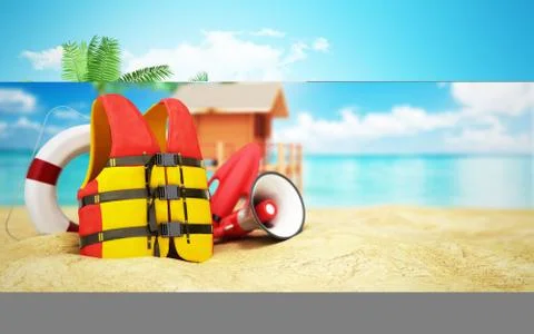 Secure beach concept Life jacket life ring and a horn and other objects on th Illustrazione stock
