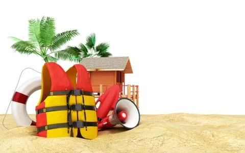 Secure beach concept Life jacket life ring and a horn and other objects on th Stock Illustration