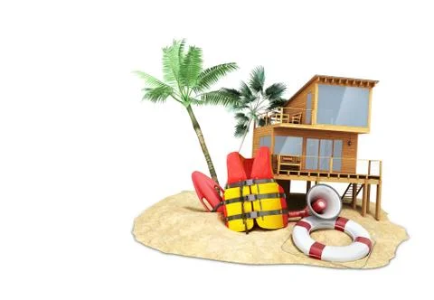 Secure beach concept Life jacket life ring and a horn and other objects on th Illustrazione stock