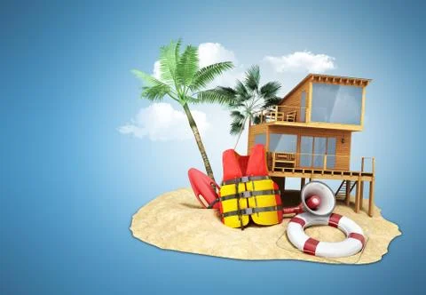 Secure beach concept Life jacket life ring and a horn and other objects on th Illustrazione stock