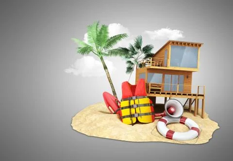Secure beach concept Life jacket life ring and a horn and other objects on th Illustrazione stock