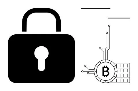 Secure Bitcoin Cryptocurrency with Modern Lock and Blockchain Technology イラスト素材