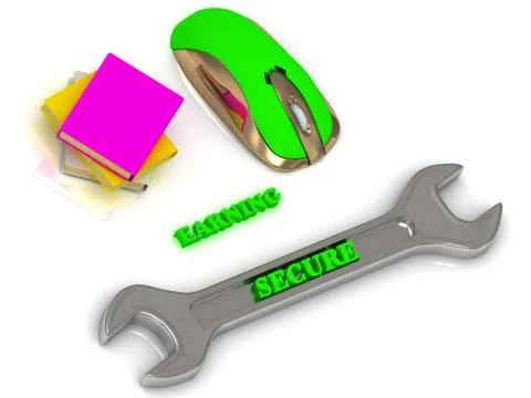 SECURE bright volume letter on silver instrument, textbooks and computer mous 스톡 일러스트