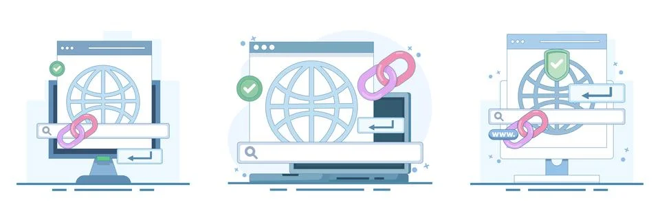 Secure browsing set featuring a protected website address, search bar. Stock Illustration