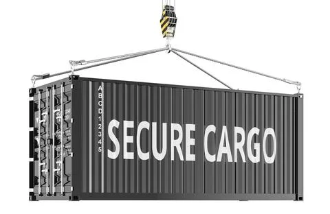 Secure Cargo shipping container suspended by crane hook. 3d rendering Stock Illustration