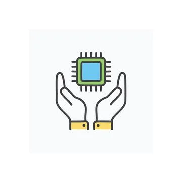Secure chip icon. Hands holding a CPU, symbolizing secure data storage and .. Stock Illustration
